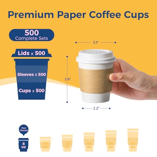 500 Pack 8 oz Disposable Coffee Cups with Lids (500 Count)
