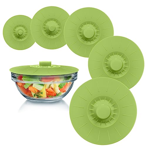 Silicone Bowl Lids Green Set of 5 Reusable Suction Seal Covers for Bowls (5 Count)