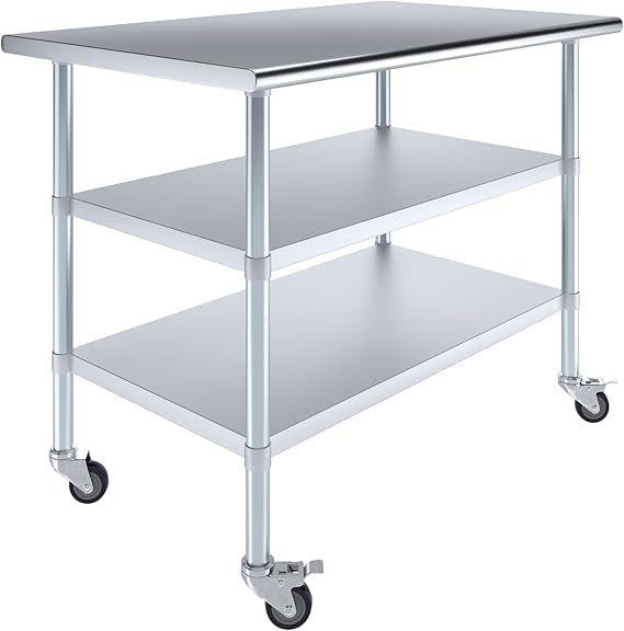 Stainless Steel Work Table with 2 Shelves and Casters