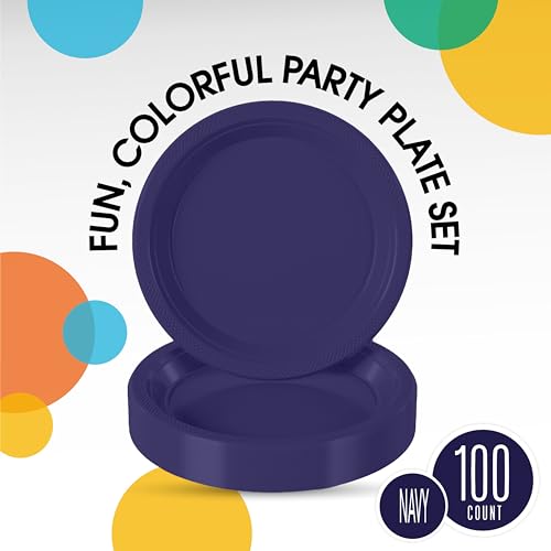 Party Solids Navy Plastic Plates For Party 10" Navy Disposable Plates Heavy Duty 100 Pcs Plastic Dinnerware Sets Heavy Duty 350 GSM Disposable Dinnerware Set (100 Count)