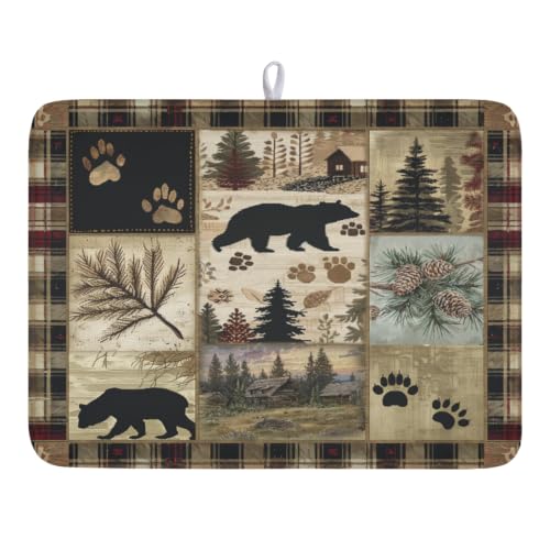 Black Bear Dish Drying Mat Forest Cabin Decorative Dishes Pad 18x24 Inch Absorbent Fast Dry Dish Drainer Rack Mats for Kitchen Counter Sink
