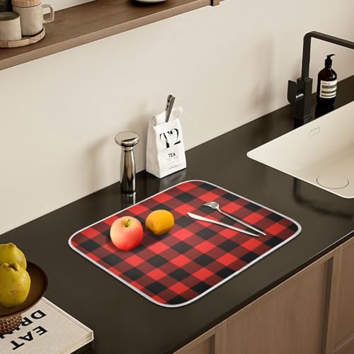Christmas Red Black Buffalo Plaid Dish Drying Mat for Kitchen Counter Absorbent Microfiber Large Drying Pad Dish Mats for Kitchen Countertops 18 x 24 Inch