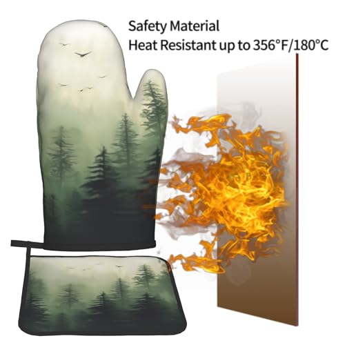 Green Misty Forest Oven Mitts and Pot Holder Set of 2 Mountain Woodland Heat Resistant Kitchen Gloves Hot Pad for Baking Cooking Microwave