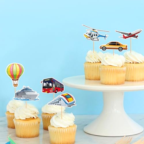 24Pcs Printed Transportation Cupcake Toppers Train Hot Air Balloon Motorcycle Bus Boat Airplane Cupcake Picks for Transportation Theme Baby Shower Boys Girls Birthday Party Decorations