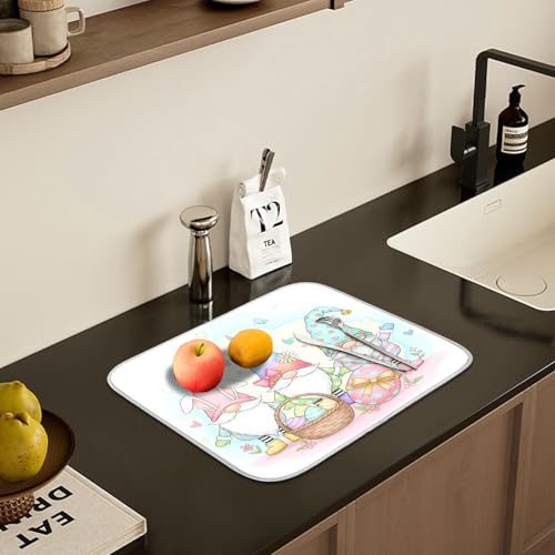 Colorful Easter Cute Gnomes Dish Drying Mat for Kitchen Counter Absorbent Microfiber Small Drying Pad Dish Mats for Kitchen Countertops 16 x 18 Inch