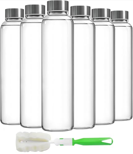 Clear Glass Bottles with Lids 18oz Water Bottles (6 Count)