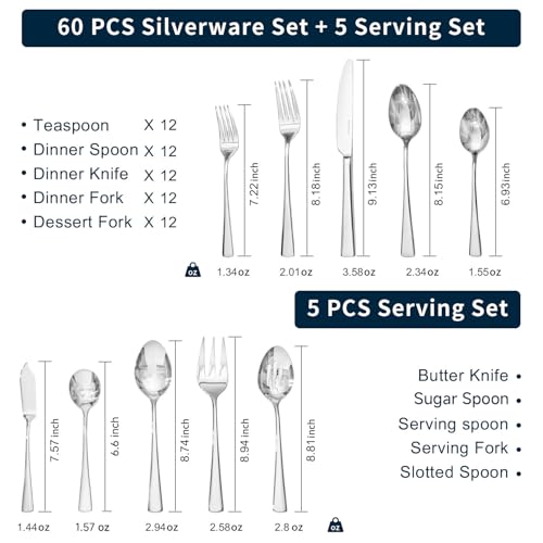 65 Piece Silverware Set for 12 with Serving Utensils (65 Count)