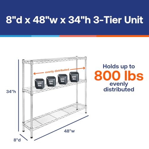 Shelving Inc. 8" d x 48" w Chrome Wire Shelving with 3 Tier Shelves (3 Count)