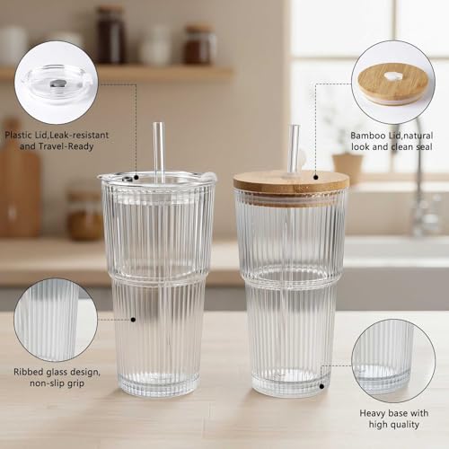 Ribbed 2pack 20oz Glass Cups with Bamboo & Plastic Lids and Straws (2 Count)