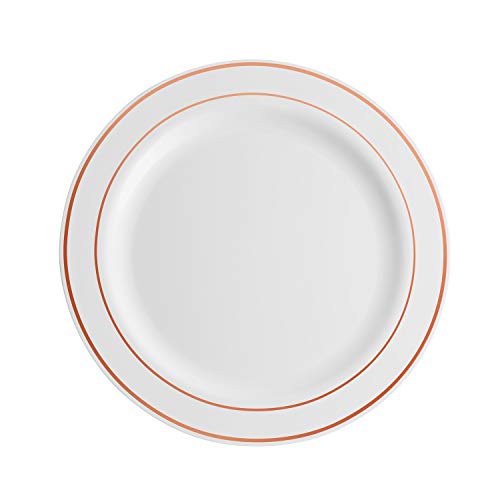 100 Rose Gold Rim White Plastic Plates (100 Count)