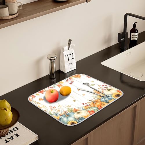 Thanksgiving Dish Drying Mat for Kitchen Counter Absorbent Microfiber Pumpkin Sunflower Fall Autumn Large Drying Pad Dish Mats for Kitchen Countertops 18 x 24 Inch