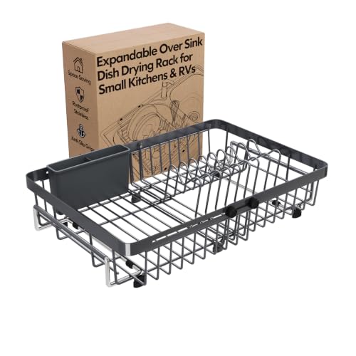 Grey Expandable Dish Drying Rack Over The Sink with Anti Slip Grip