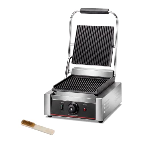 Commercial Panini Press With Grooved Grill Sandwich Maker Machine Electric Contact Grill Single
