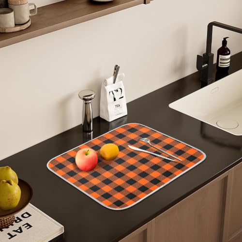Halloween Dish Drying Mat for Kitchen Counter Absorbent Microfiber Small Drying Pad Black Orange Buffalo Plaid Check Dish Mats for Kitchen Countertops 16 x 18 Inch