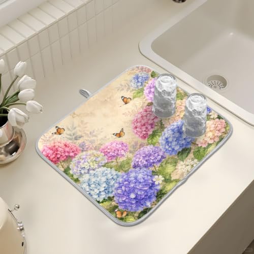 Vintage Flowers Spring Summer Dish Drying Mat for Kitchen Counter Absorbent Microfiber Hydrangea Butterfly Large Drying Pad Dish mats for Kitchen Countertops 18 x 24 Inch