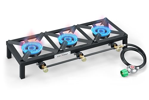 Propane Triple Burner Angle Iron Camp Stove with CSA Listed Regulator and 4ft Hose
