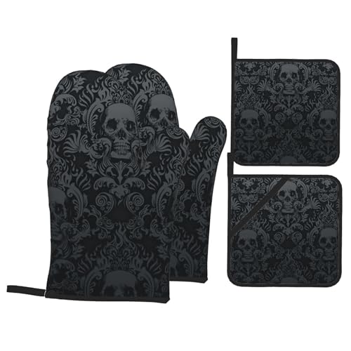 Victorian Gothic Black Skull Damask Oven Mitts and Pot Holders Sets of 4