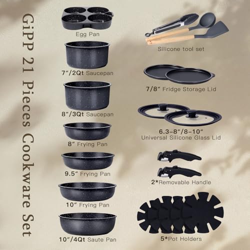 Pots and Pans Set Detachable Handle Cookware Sets Kitchen Cooking Set