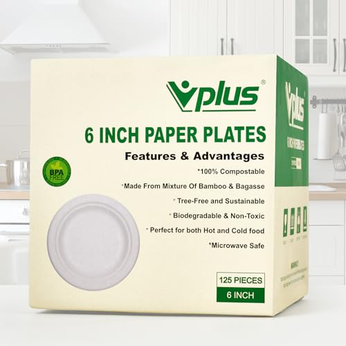 125 Pack Compostable Bagasse Paper Plates 6 inch (125 Count)