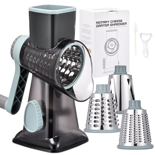 Rotary Cheese Grater with Handle Kitchen Shredder Slicer Grater Slicer Ice Shaver Cheese Vegetable Nuts Potato Zucchini Chocolate 3 Interchangeable Blades
