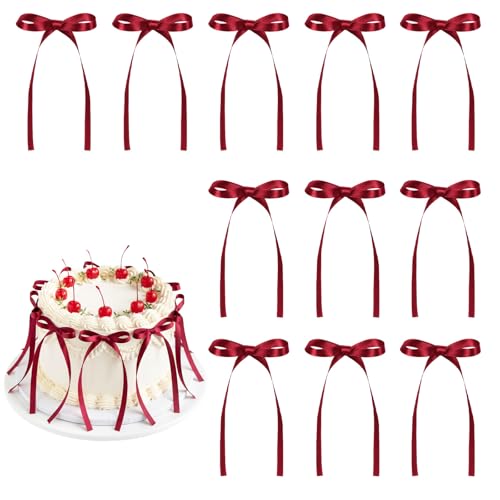 30 Pack Bow Cake Toppers Wine Red Ribbon Bows for Cake Back to School Decor (30 Count)