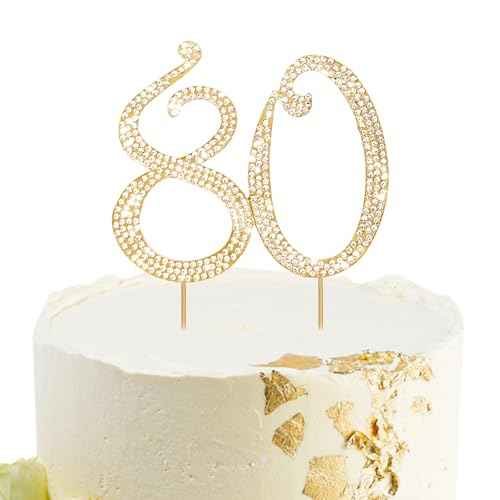 Gold 80th Birthday Cake Topper Rhinestones Cake Decorations for 80th Birthday Party