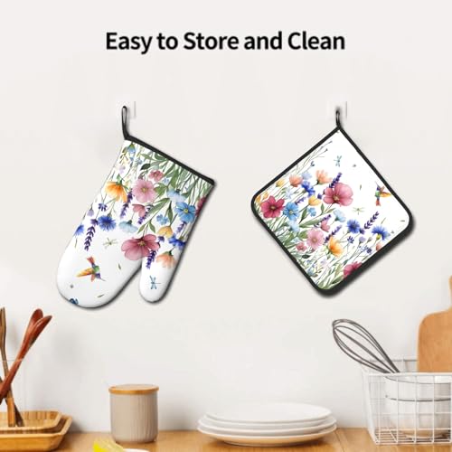 Spring Floral Oven Mitts and Pot Holder 2Pcs Hummingbird Flower Heat Resistant Kitchen Glove Washable Potholder for Baking Cooking Grilling