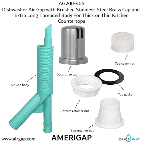 Dishwasher Air Gap with Skirted Brushed Stainless Steel Brass Cap and Extra Long Threaded Body for Thick or Thin Kitchen Countertops