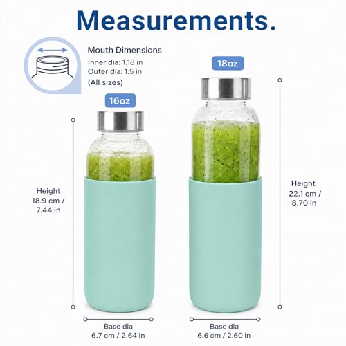 18 oz Glass Water Bottles with Lids and Silicone Sleeve 4 Pack