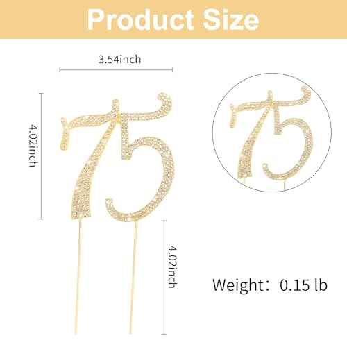 Gold 75th Birthday Cake Topper Rhinestones Cake Decorations for 75th Birthday Party