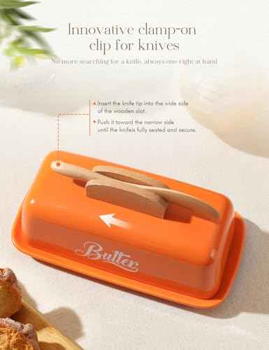Butter Dish with Lid and Knife Butter Tray Holder for Counter Orange