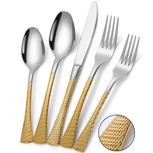 Hammered Silver Gold Silverware Set for 8 (40 Count)