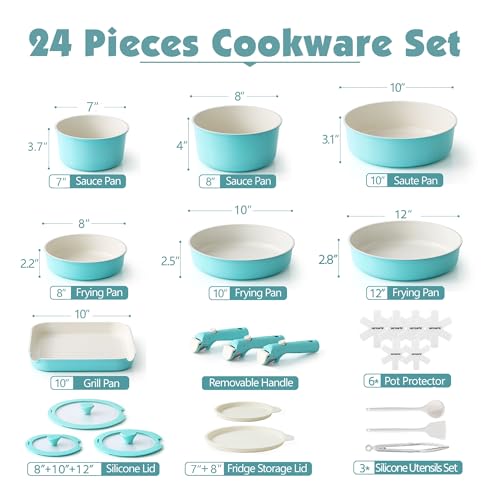 24 Piece Ceramic Detachable Handle Pots and Pans Set Turquoise