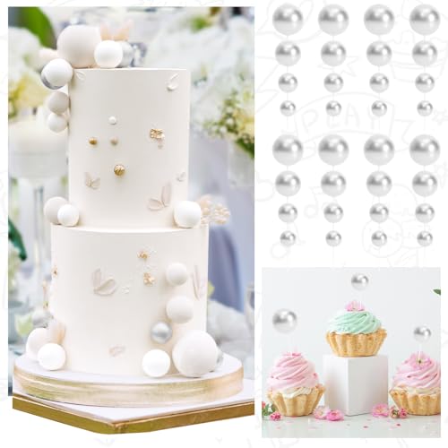 48 Pcs Silver Balls Cake Topper Decorations Balloon Cupcake Toppers Foam Cake Topper Balls Cake Balls Decorations for Birthday Party Wedding Anniversary Cake Decorating (48 Count)