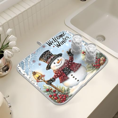 Winter Snowman Christmas Dish Drying Mat for Kitchen Counter Absorbent Microfiber Large Drying Pad Dish mats for Kitchen Countertops 18 x 24 Inch