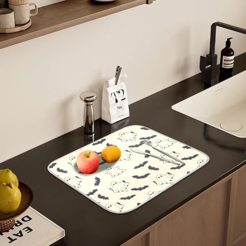 Halloween Spooky Ghost Bats Dish Drying Mat for Kitchen Counter Absorbent Microfiber Small Drying Pad Dish mats for Kitchen Countertops 16 x 18 Inch