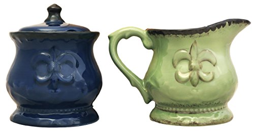 Tuscany Colorful Ceramic Hand Painted Fleur De Lis Cream & Sugar Set of 2pcs