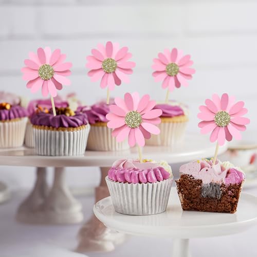 24Pcs Daisy Cupcake Toppers Flower Cake Topper Decorations Daisy Cake Decorations Chrysanthemum Cupcake Toppers Spring Daisy Flower Cake Picks for Birthday Wedding Supplies Light Pink (24 Count)