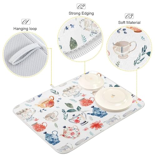 Watercolor Tea Cups Teapots Dish Drying Mat for Kitchen Counter Absorbent Microfiber Drying Pad