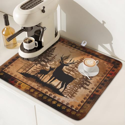 Forest Deer Dish Drying Mat Wildlife Animal Dishes Pad 16"x18" Microfiber Absorbent Fast Dry Drainer Rack Mats for Kitchen Countertop Decor