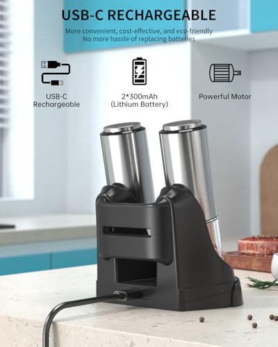 Rechargeable Salt and Pepper Grinder Set Stainless Steel Electric Pepper Grinders with Variable Grinding Speed