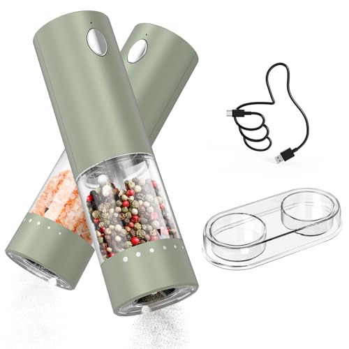 Electric Salt and Pepper Grinder Set Rechargeable Salt and Pepper Mills with Storage Base (2 Count)