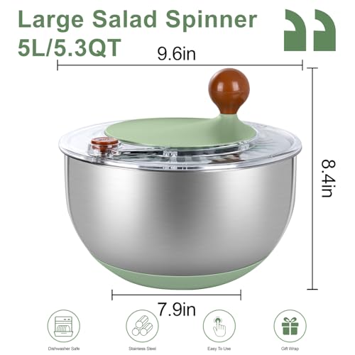 5.3Qt Stainless Steel Salad Spinner with Vibrant Green