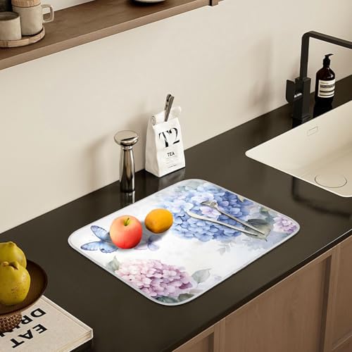 Blue Pink Hydrangea Spring Floral Dish Drying Mat for Kitchen Counter Absorbent Microfiber Small Drying Pad Dish Mats for Kitchen Countertops 16 x 18 Inch