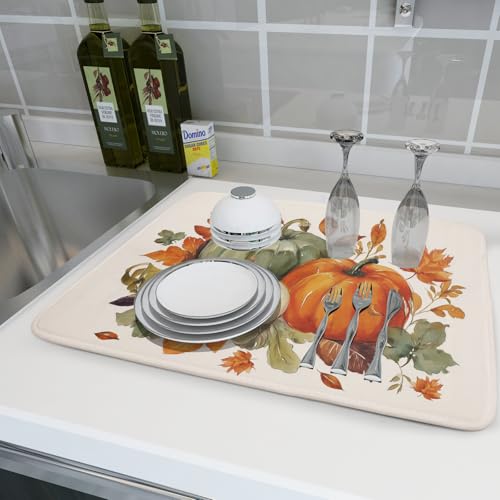 Fall Pumpkin Dish Drying Mat Autumn Leaves Absorbent Dishes Pad 18x24 Inch Seasonal Microfiber Dish Drainer Rack Mat for Kitchen Countertop