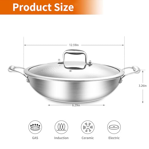 12 Inch Stainless Steel Nonstick Wok Pan with Lid 5Qt Pot