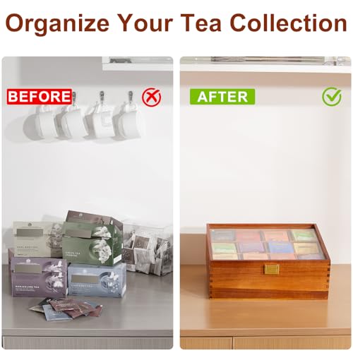 Wood Tea Bag Organizer with Clear Glass Lid (12 Count)
