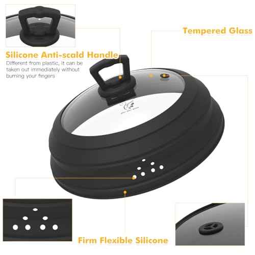 Tall Microwave Splatter Cover Glass Cover Guard Lid 7 inch Height with Collapsible Silicone for Food Pot Plate 12.5 inch Black