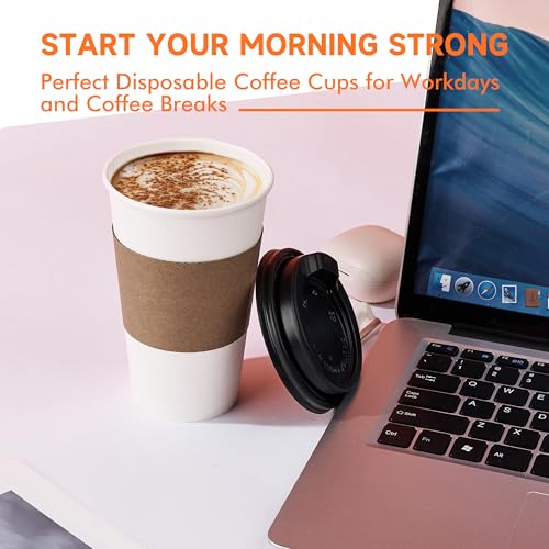 100 Pack 16 oz Disposable Coffee Cups with Lids and Sleeves (100 Count)