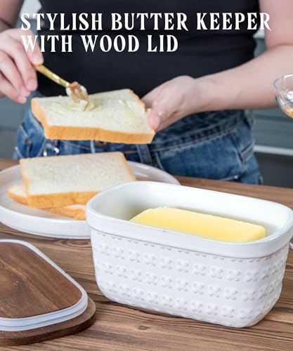 Ceramic Butter Dish with Wood Lid for Countertop